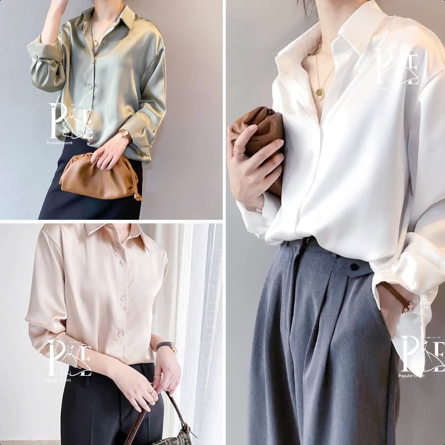 พร้อมส่ง เสื้อเชิ้ต แขนยาว คอปก ผ้าซาติน ลื่นๆ ใส่สบายมาก ดีไซน์เว้าเอว ทรงสวยเก๋มาก แมทซ์ได้กับทุกลุคทุกสไตล์ - รูปที่ 1