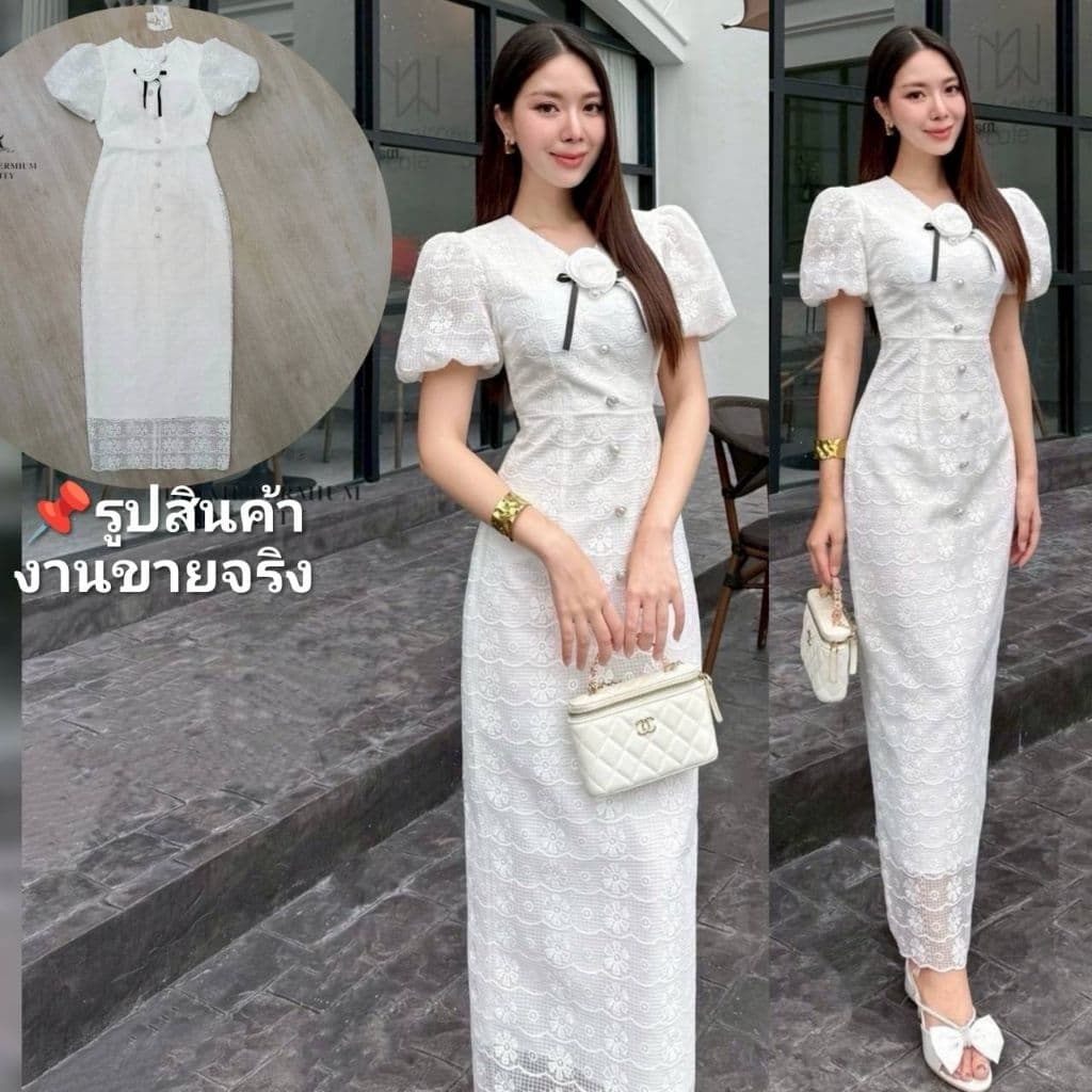 Abigail แท้?ตรงปก✨ร้านนี้มีพร้อมส่งเลย✅ไม่ต้องเช็ค*ส่งไว?เดรสลูกไม้แขนพอง น่ารัก สุภาพ ทำบุญ ไปวัด หมั้น ชุดออกงานสี ขาว - รูปที่ 1