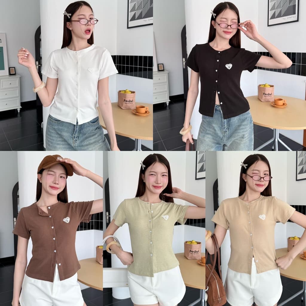KORRA ·͜·♡เสื้อเชิ้ตครอปผ้ายืดนุ่มกระดุมหัวใจ?ผ้านุ่นๆใส่สบายเหมาะกับซัมเมอร์ซัมใจมากๆ?? - รูปที่ 1