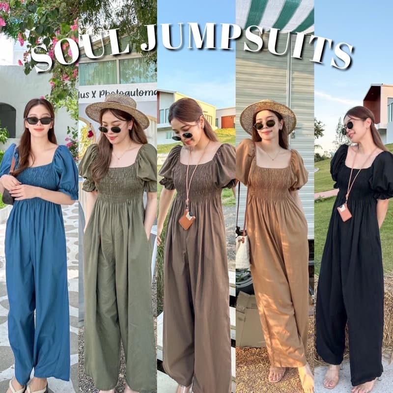 SOUL JUMPSUITS ชุดจั๊มสูทขายาวผ้าฝ้ายผสม ทรงคอเหลี่ยมสม็อคอก มีกระเป๋ากางเกง2ข้าง เป้ายาวไม่รั้ง - รูปที่ 1