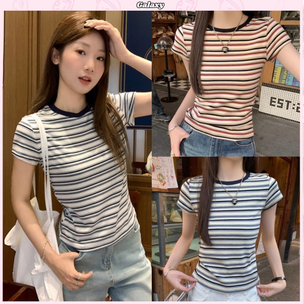 เสื้อยืดเเขนสั้น เสื้อคอกลมเเขนสั้น ลายสลับสีสวย ลายทางสีสวย เรียบง่าย  เข้ากับทุกสไตส์ #020322 - รูปที่ 1