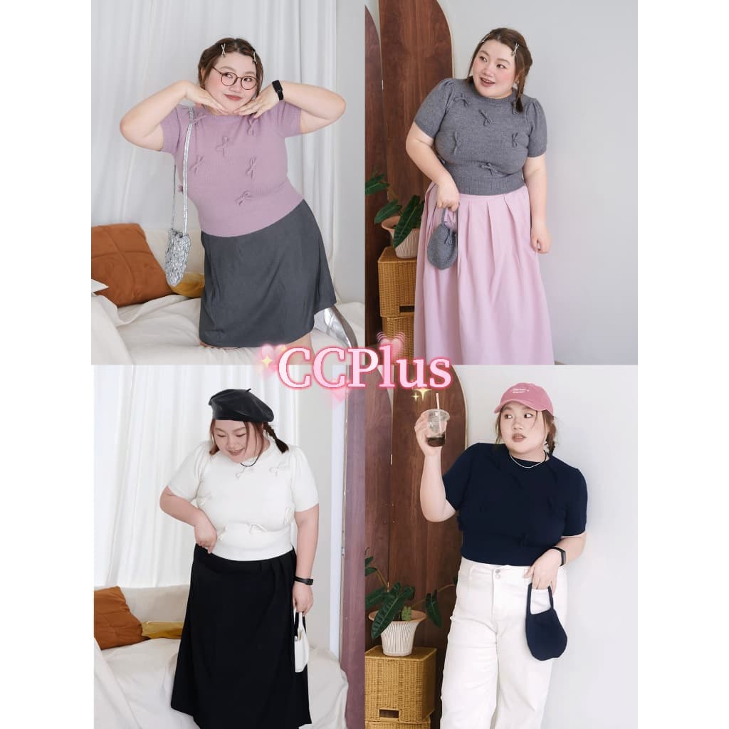 CiCi Plus+ (2162-1)เสื้อแขนสั้นไหมพรมประดับไบว์ 3 มิติ ดีเทลแขนจั๊ม น่ารักฟรุ้งฟริ้งเหมาะสำหรับสาวพลัสไซส์ - รูปที่ 1