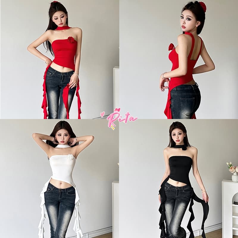 Rita พร้อมส่ง?เสื้อสายเดี่ยวไหมพรม?เสื้อครอป crop top แฟชั่นผู้หญิง เอวลอยครึ่งตัว​ เสื้อแขนกุด สามมิติ เซ็กซี่สวย - รูปที่ 1