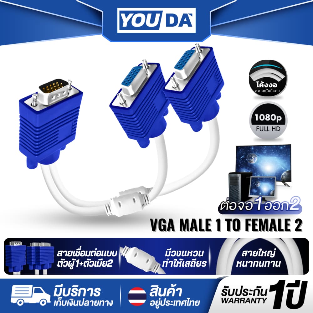 YOUDA สาย Y สายVGA 1 ออก 2 รับประกัน 1ปี ความละเอียดภาพ FULL HD 1920*1080P YD-VG12 สาย VGA สายจอ สายคอม สายสัญญาณ VGA - รูปที่ 1