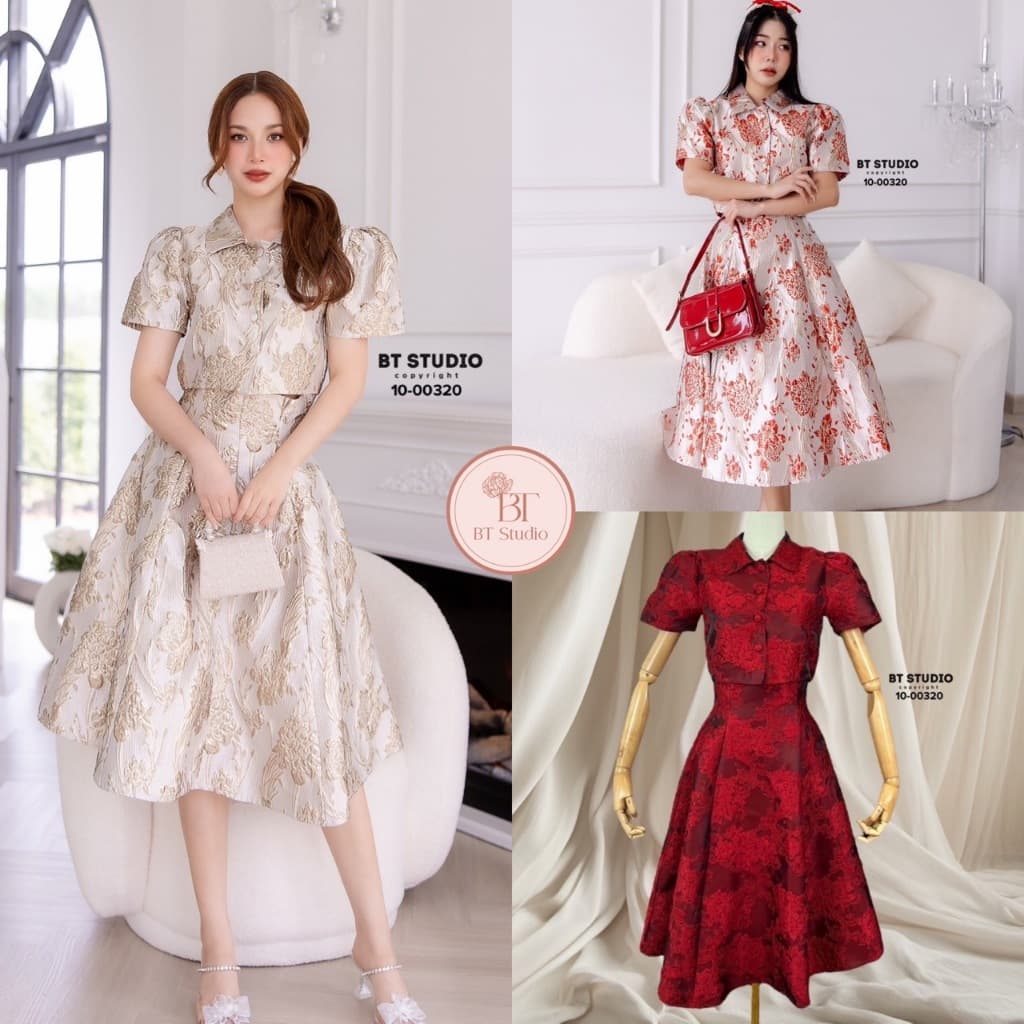 BT 10-00320 เซท 2 ชิ้น เสื้อแขนสั้นคอปกกระดุมหน้า มาพร้อมกระโปรงเอวสูงจับจีบระบาย ผ้าทอลายในตัว มีซับในทั้งตัว - รูปที่ 1