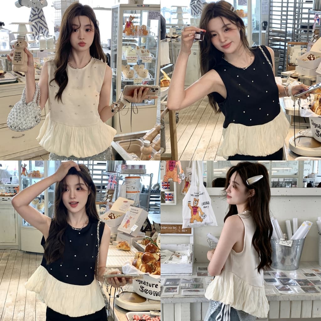 ?Mary?เสื้อกล้าม ไหมพรม คอกลม เพชร ผ้านุ่ม ขาวดำ เสื้อแขนกุด แฟชั้น ทรงสวย สไตล์เกาหลี น่ารักๆ?#R27-1 - รูปที่ 1