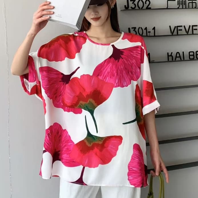 เสื้อแขนสั้นลายดอกใส่สงกรานต์ Big size (อก 60 นิ้ว) พิมลาย ผ้าไหมอิตาลี ผ้าบางเบา ใส่เย็นสบาย  C3 - รูปที่ 1