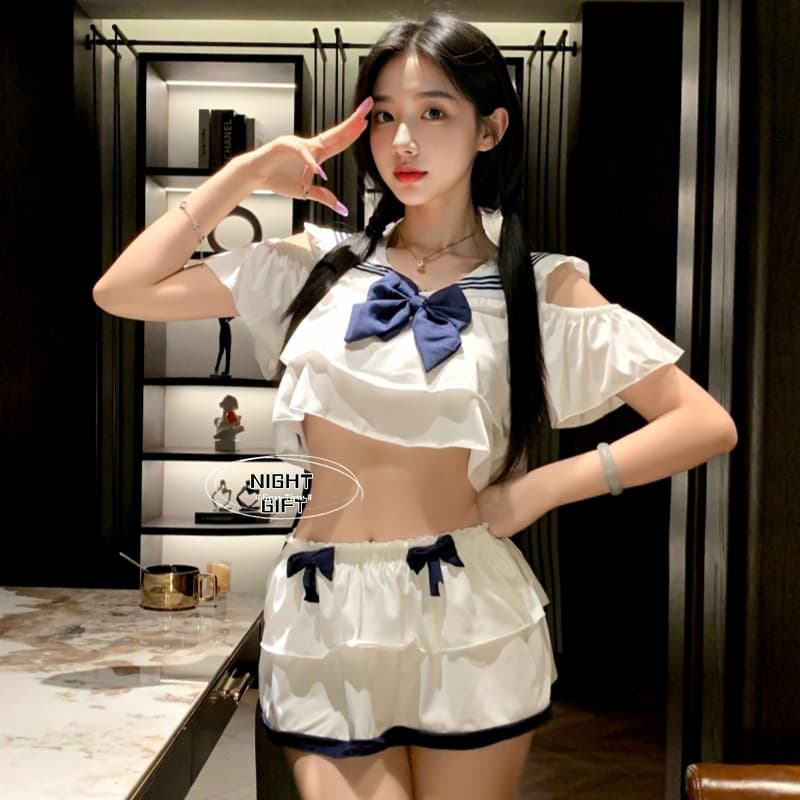 ชุดคอสเพลย์ ชุดนักเรียน ผ้าชีฟอง น่ารัก เซ็กซี่ สองชิ้น  ชุดนอนไม่ได้นอน - รูปที่ 1