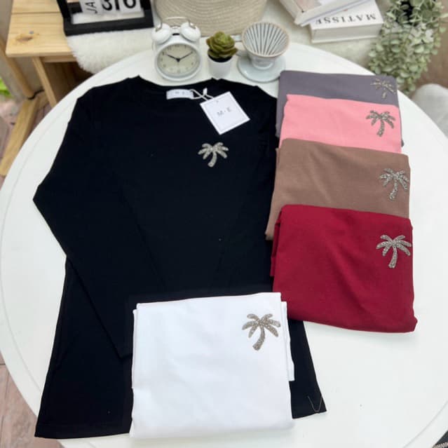 เสื้อยืดคอกลมแขนยาว รีดเพชรลายต้นมะพร้าว ป้าย ME - รูปที่ 1