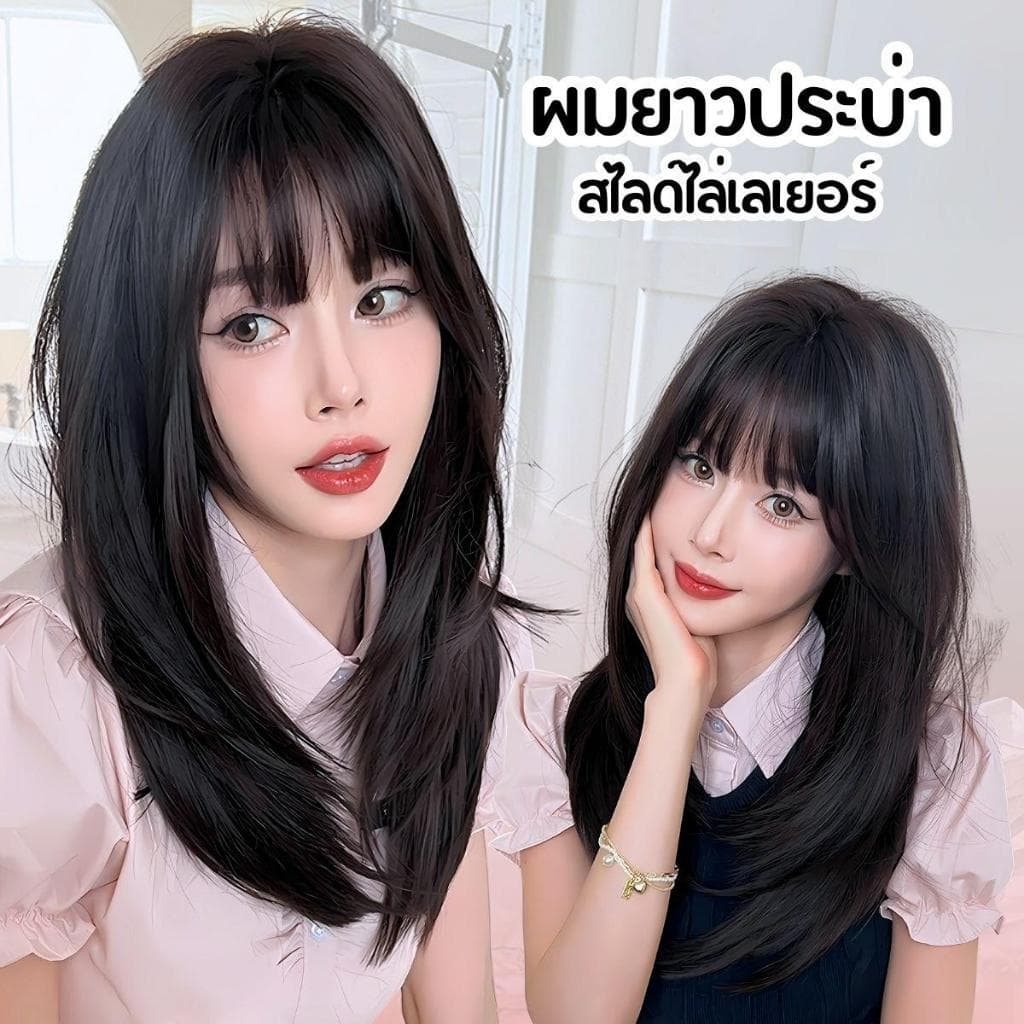MAYAWIG  วิกผมทอมือจิ๊ดริด วิกผมยาวทรงประบ่า สไลด์เลเยอร์ มีหน้าม้า สีน้ำตาลดำ (55 cm.) MJ22 - รูปที่ 1