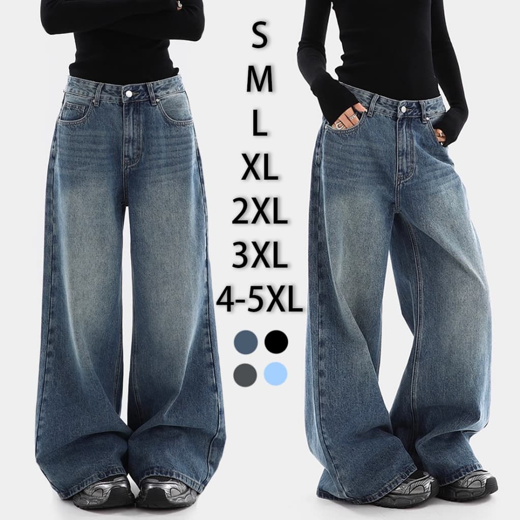 S~5XL Baggy jeans Blue Denim Elastic back design กางเกงยีนส์ขายาว กางเกงยีนส์สีดำ กางเกงขายาวทรงตรง ทรงหลวม เอวสูง HOT - รูปที่ 1