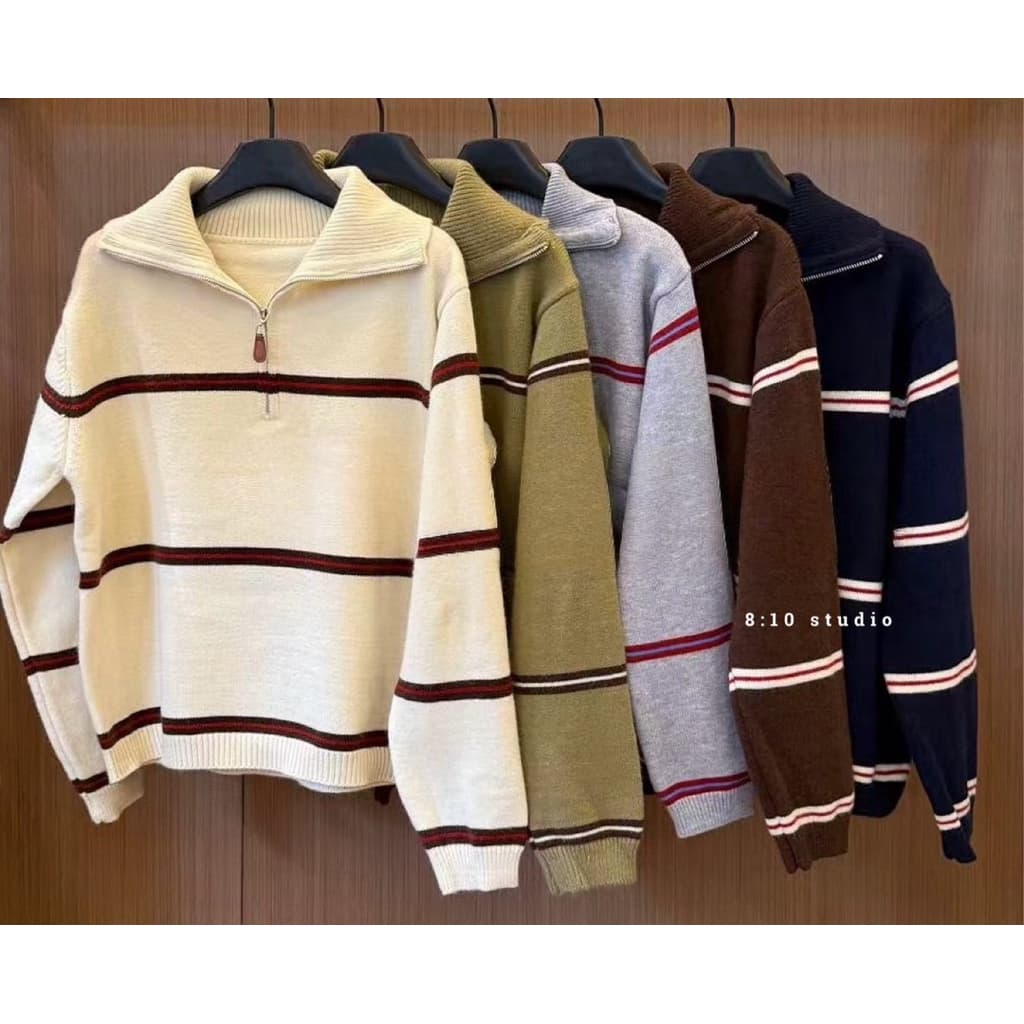 ✅พร้อมส่ง เสื้อไหมพรม Half zip??Striped knit polo tops?? - รูปที่ 1