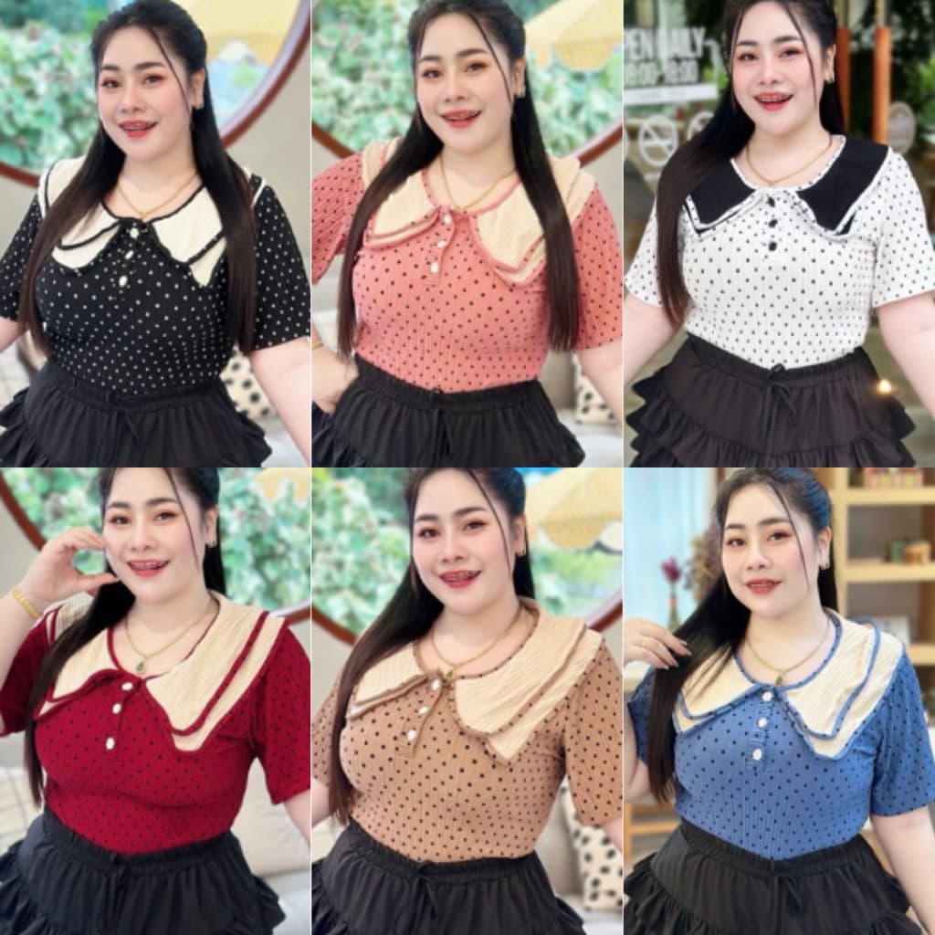 N58 เสื้อคอปกสองชั้น ลายจุดน่ารัก แต่งกระดุมหน้า ผ้าใส่สบาย - รูปที่ 1