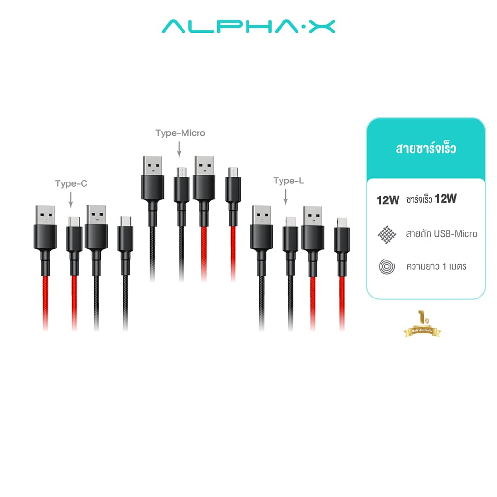 ALPHA X สายชาร์จเร็ว PD 2.4A ชาร์จมือถือ Type C/L-Cable /USB A-Cable สายยาว 1 เมตร【รับประกัน 1 ปี】 - รูปที่ 1