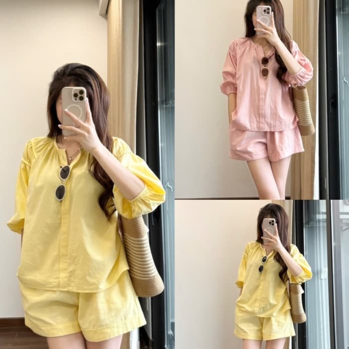 ชุดกางเกงขาสั้นเสื้อเชิ้ตผ้าลินินสีเหลืองสําหรับผู้หญิง-ชุดใส่เที่ยวสไตล์เกาหลี สุคาชอป - รูปที่ 1