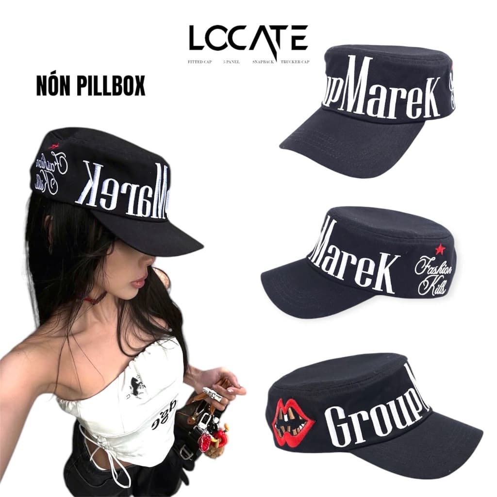 [LOCATE] หมวก Pillbox ทรงหัวปัก วัสดุเชื่อม สีกากี บุคลิกภาพสไตล์สตรีท unisex - รูปที่ 1
